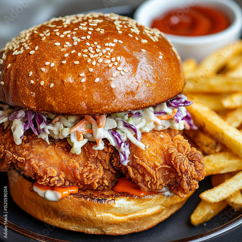 A juicy hamburger stacked with lettuce, tomato, cheese, and a grilled patty sits next to a pile of crispy golden fries, making the perfect mouthwatering fast food combo.

