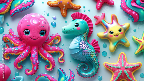 A cheerful arrangement of cartoon sea creatures including an octopus seahorse and starfish with bubbles