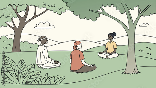Group meditation in nature wellness retreat mindfulness relaxation outdoor exercise peaceful zen practice