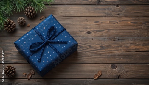 Festive Christmas gift wrapped in blue paper on a rustic wooden background