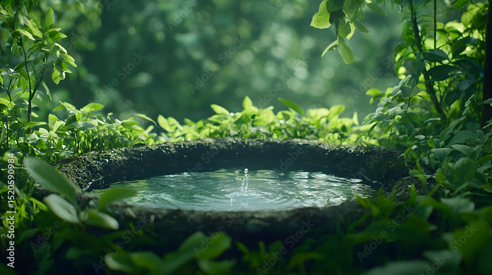 Naklejka premium Tranquil Forest Water Splash In Stone Basin