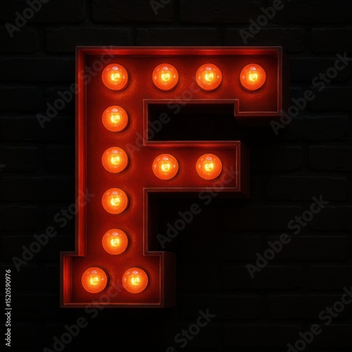 Glowing Illuminated Rusty Metal Letter F Sign on Brick Wall
