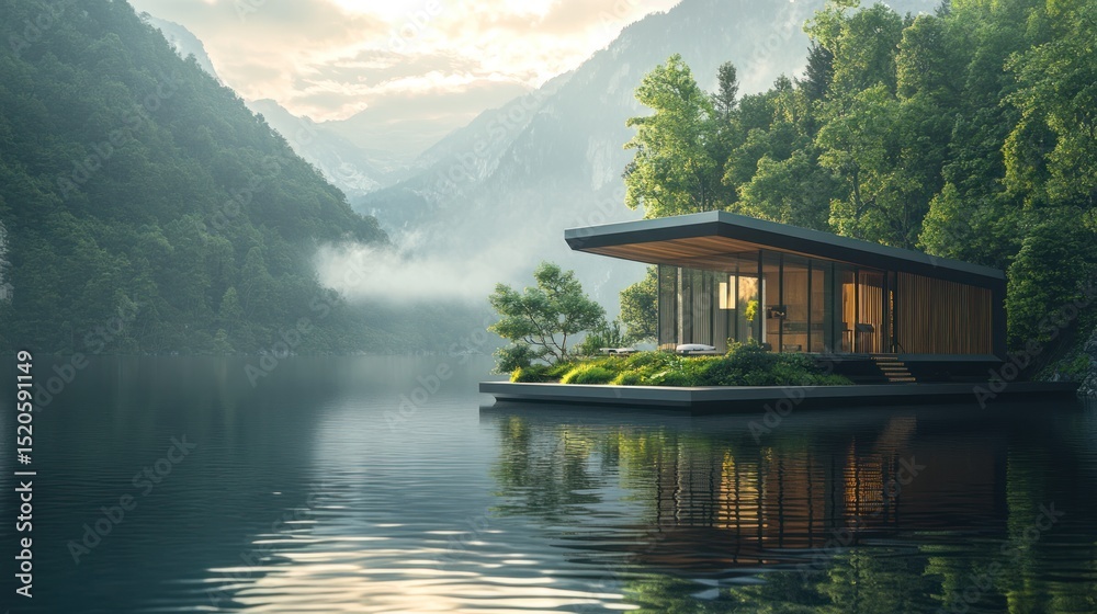 Fototapeta premium Serene Lakeside Modern Home nestled in Misty Mountain Valley