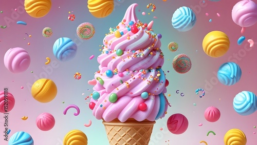 Kawaii Ice Cream Cone with Rainbow Sprinkles Illustration