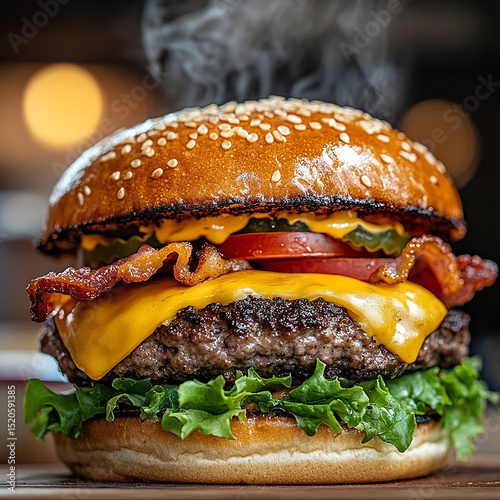A juicy hamburger stacked with lettuce, tomato, cheese, and a grilled patty sits next to a pile of crispy golden fries, making the perfect mouthwatering fast food combo.

