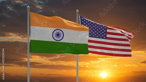India and united states flags sunset