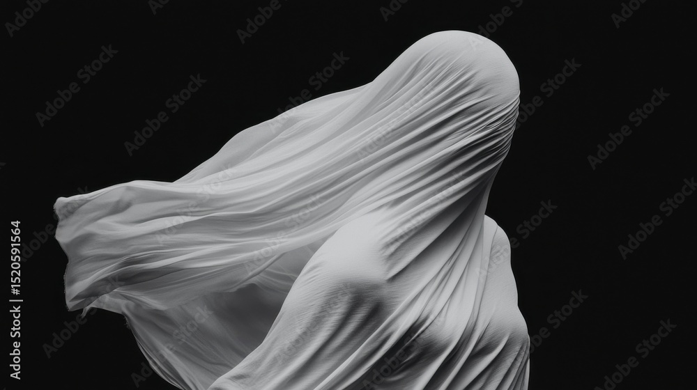 A ghostly flowing veil of sheer luminous fabric envelops and obscures an ambiguous mystical apparition A ghostly flowing veil of sheer luminous fabric envelops and obscures an ambiguous mystical apparition