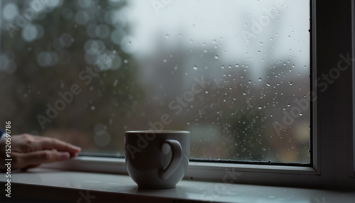 Hand resting on windowsill with coffee cup during rainy day
