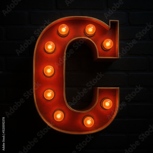 Illuminated Vintage Letter C Sign on Brick Wall