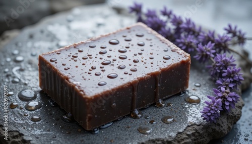 Aromatic Soap Bar with Lavender and Water Drops on a Textured Surface