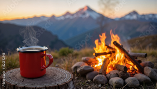 Red mug with steaming beverage by campfire at sunset in mountains   photo