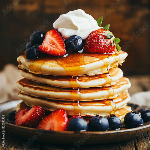 A tall stack of fluffy pancakes topped with fresh berries—strawberries, blueberries, and raspberries—drizzled with maple syrup, making a colorful and mouthwatering breakfast delight.

