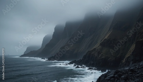 Dramatic coastal landscape with mountains and stormy ocean under a dark sky