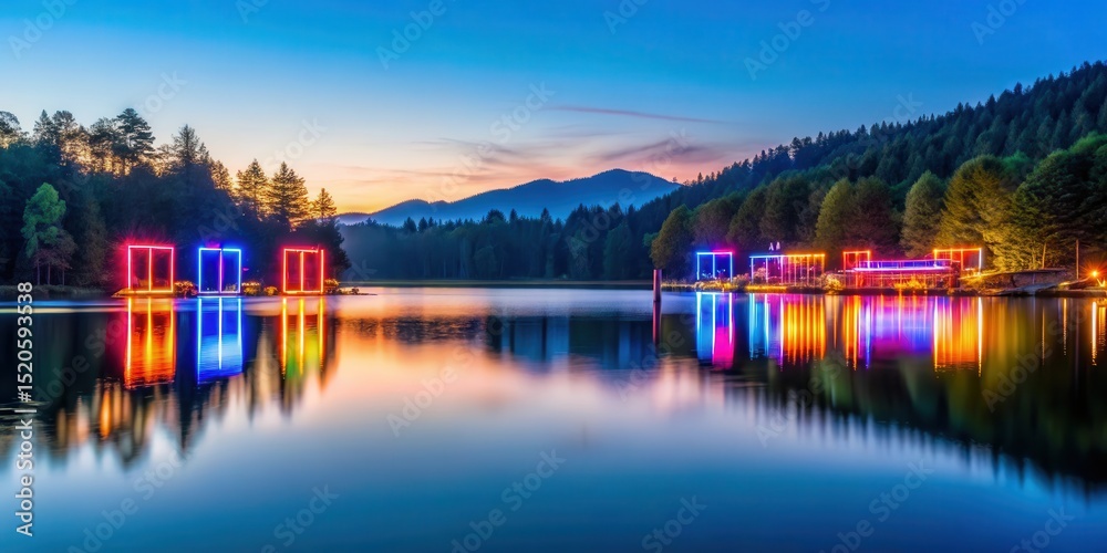 Obraz premium Softly glowing neon signs reflected in a calm lake at dusk
