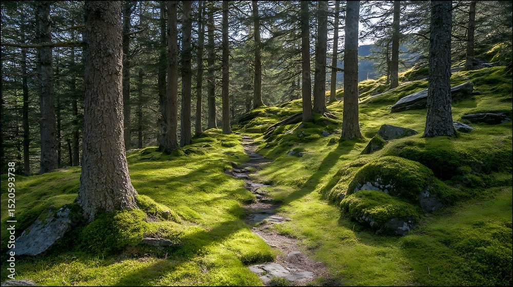 Fototapeta premium Sunlit path through mossy forest