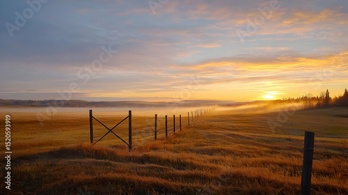 Golden Sunrise Over Foggy Meadow With Wooden Fence