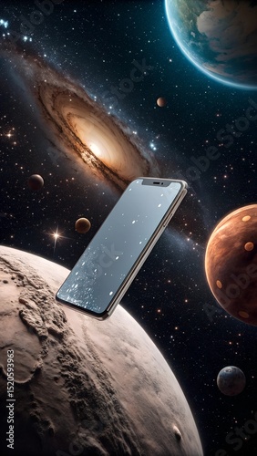 Smartphone flying in space with stars planets background vertical phone art suitable for electronics store advertising and technology service marketing laralara for creating ads news