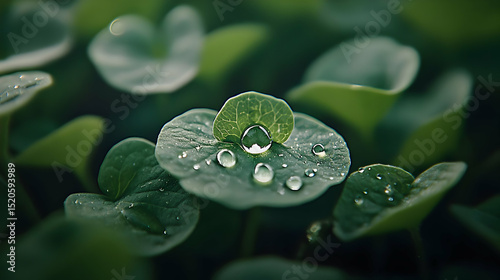 Closeup View Of Dew Drops On Green Leaves