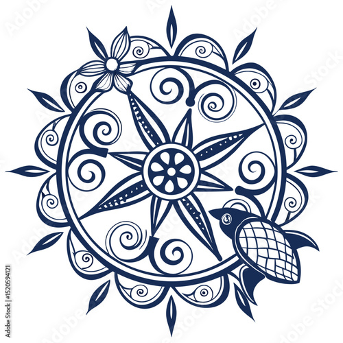 Intricate dark blue nautical compass rose design with decorative floral and turtle elements