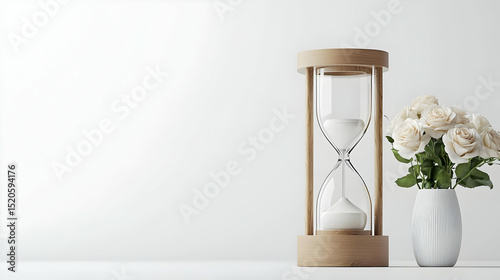 Elegant Hourglass With White Roses In Vase On White Surface