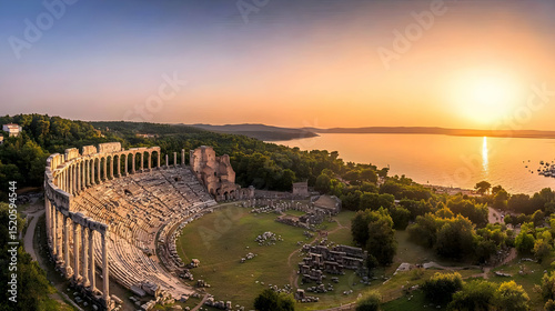 Ancient Amphitheater At Sunset Over River