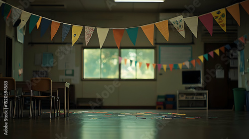 Empty Classroom Interior With Colorful Triangular Flags