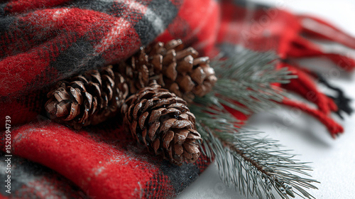 Red plaid scarf with pinecones and evergreen twigs wrapped in a cozy composition on white.