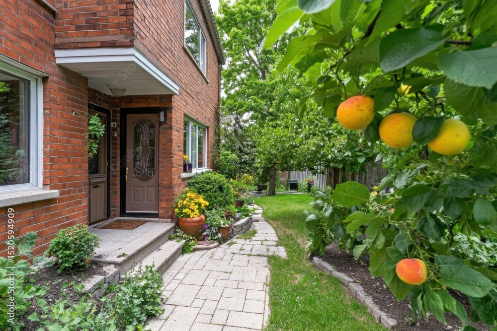 Obraz premium Discover this delightful brick home nestled amid a vibrant garden filled with fruit trees, all set against the backdrop of a serene suburban neighborhood on a warm summer afternoon