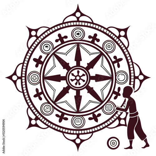 Young man interacting with a decorative wheel of dharma illustration in a religious context.