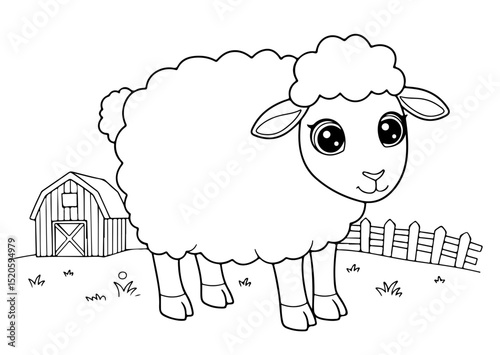 sheep cartoon outline for coloring page, vector line art illustration, white background
