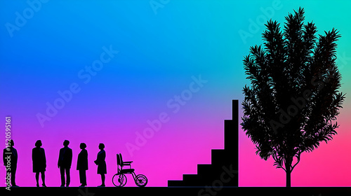 Silhouette People Progress Steps Tree Gradient Background
