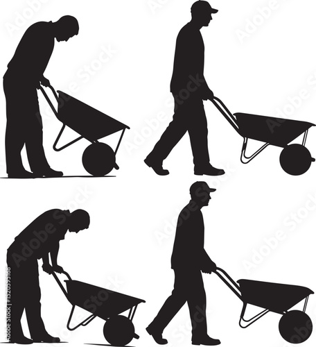 Man carrying wheelbarrow labor work garden transport vector illustration