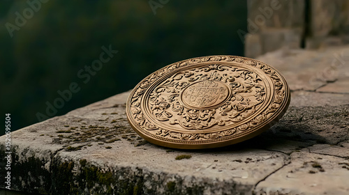 Ornate Gold Disc On Stone Beside Water