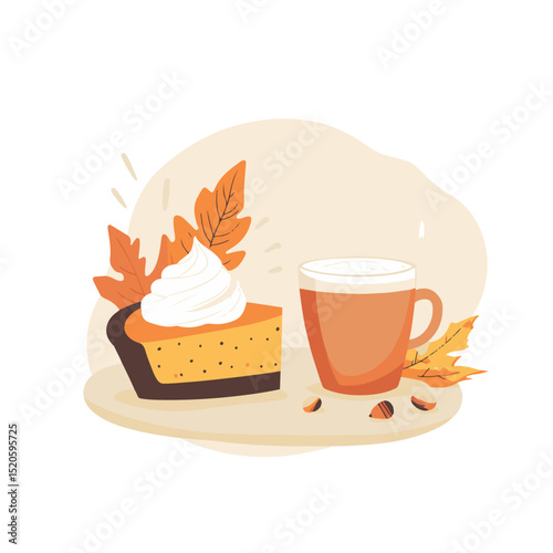 Thanksgiving Day pumpkin pie slice with cream and autumn leaves
