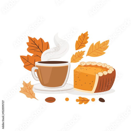 Thanksgiving Day pumpkin pie slice with cream and autumn leaves