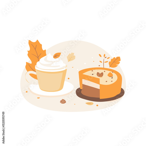 Thanksgiving Day pumpkin pie slice with cream and autumn leaves