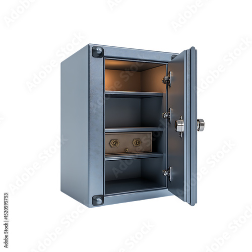A metal safe with two shelves inside isolated on a transparent background, in a PNG format