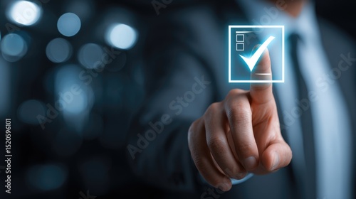 Decision-Making in the Digital Age: A decisive touch activating a virtual checkmark, encapsulating the essence of choice, affirmation, and progress in a technological context.
