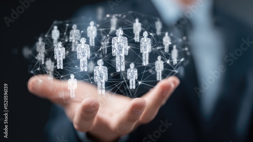 Global Network in Hands: A businessman's hand gently cradles a network of interconnected digital human figures, symbolizing global connection, teamwork, and networking.