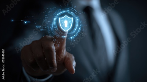 Cybersecurity Guardian: A person, elegantly dressed in a suit, engages with a digital shield symbol, a beacon of protection against the threats of the digital world. An image of futuristic security.