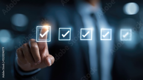 Checklist Success: A focused hand selects a checked box on a digital checklist. A metaphor for achieving goals, success, and the pursuit of excellence in a streamlined process.