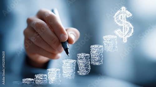 Financial Growth Visualization: A close-up of a hand skillfully charting the upward trajectory of monetary growth, depicted through a digital illustration of coins ascending towards a dollar symbol. 