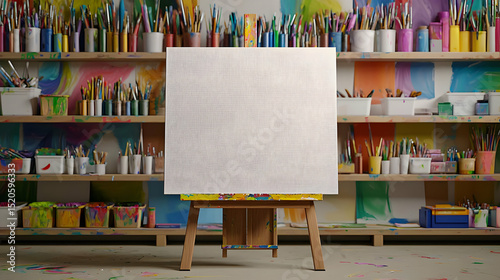 Abstract Painting Displayed On Easel In Colorful Art Studio
