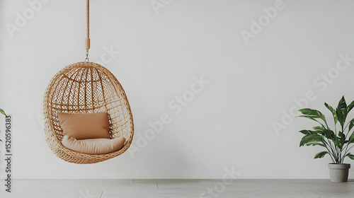Beige Wicker Hanging Chair In Empty Modern Room
