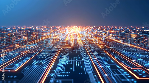 Futuristic Glowing Cityscape At Night With Digital Circuit Pattern