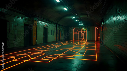 Glowing Orange Lines In Futuristic Underground Tunnel