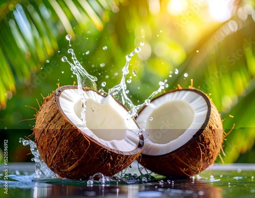 Fresh coconut halves with water splash