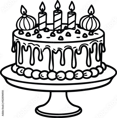 A delightful vector illustration of a birthday cake with lit candles, adorned with cream, chocolate, and strawberries, perfect for celebrating any happy occasion