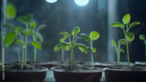 Closeup Of Growing Seedlings In Pots Under Window Light