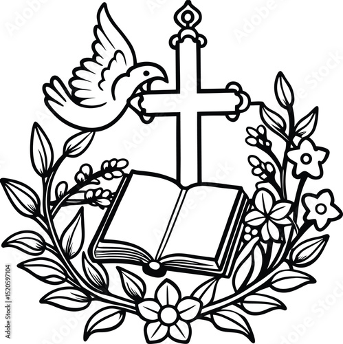 Elegant Black and White Line Art Illustration of Dove, Cross, Open Book, and Floral Wreath A Detailed EPS Vector Graphic